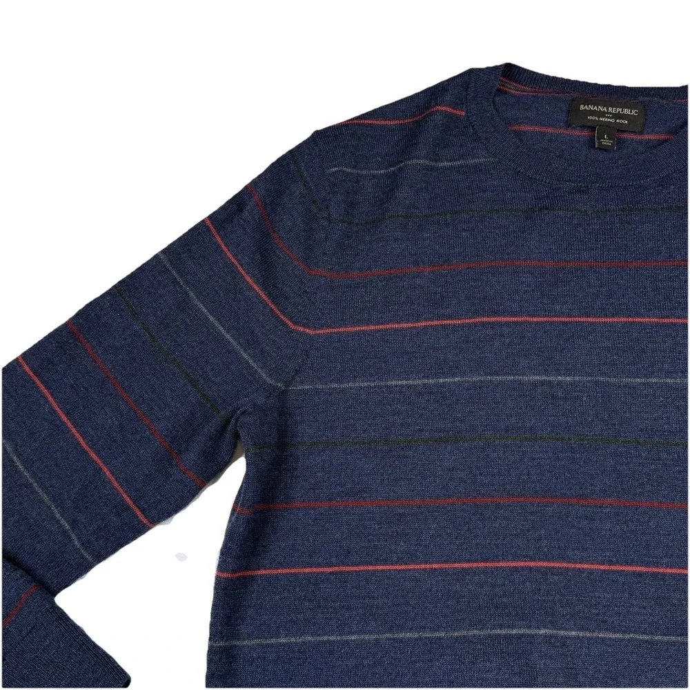 Banana Republic 100% Merino Wool Crew Neck Sweater Blue Striped Mens Large